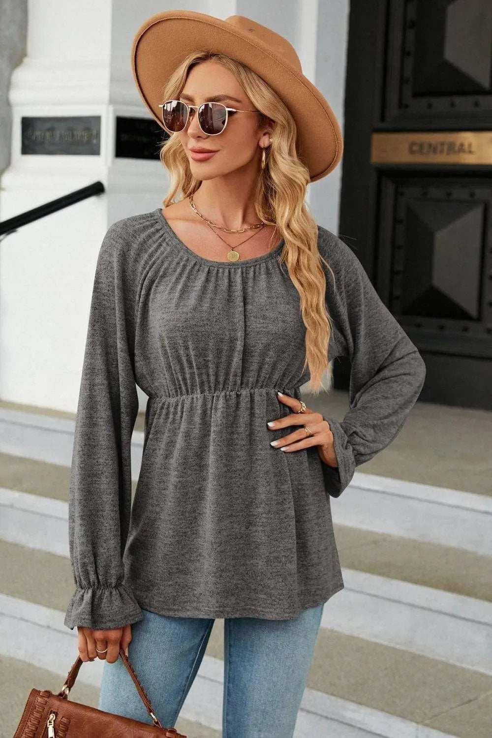 Round Neck Flounce Sleeve Blouse - Trendsi - Flyclothing LLC