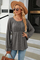Round Neck Flounce Sleeve Blouse - Trendsi