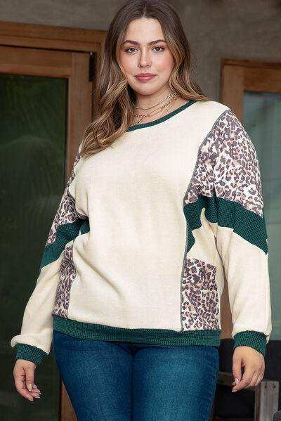 Plus Size Leopard Waffle-Knit Long Sleeve T-Shirt - Trendsi - Flyclothing LLC