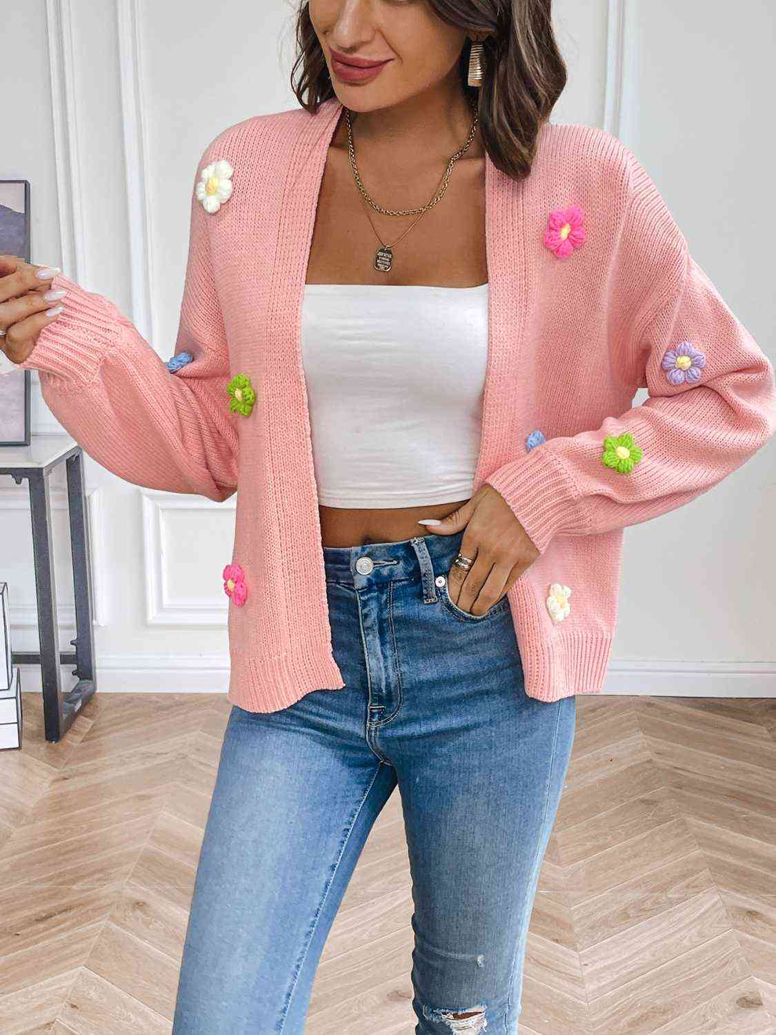 Floral Long Sleeve Open Front Cardigan - Trendsi - Flyclothing LLC