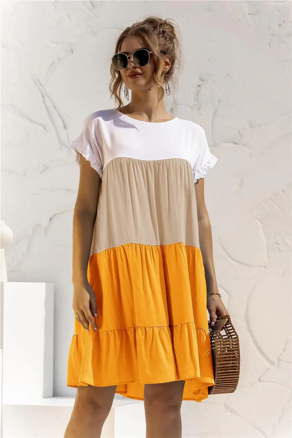 Color Block Round Neck Ruffle Hem Dress - Trendsi - Flyclothing LLC