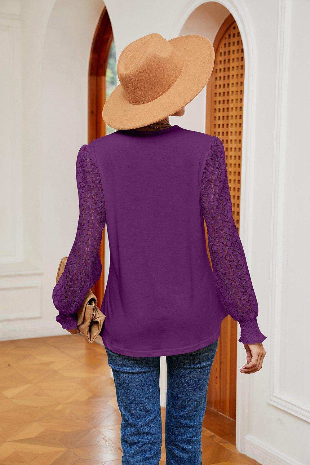 Contrast V-Neck Long Sleeve Blouse - Trendsi - Flyclothing LLC