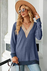 Slit V-Neck Long Sleeve T-Shirt - Trendsi - Flyclothing LLC