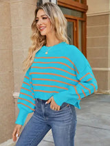 Round Neck Striped Lantern Sleeve Sweater - Trendsi - Flyclothing LLC