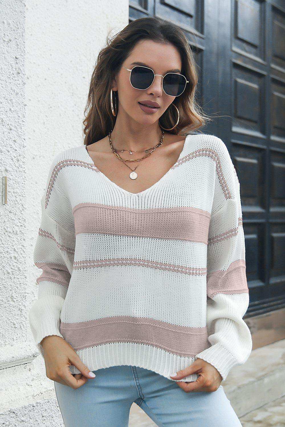 Striped V-Neck Drop Shoulder Sweater - Trendsi - Flyclothing LLC