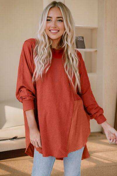 Contrast Texture Round Neck Long Sleeve Blouse - Trendsi - Flyclothing LLC