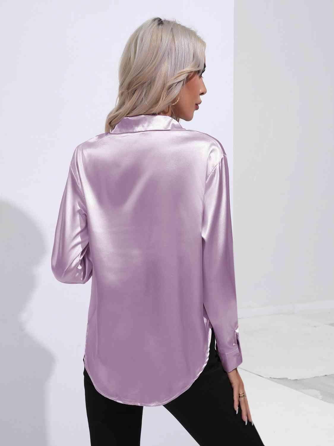 Collared Neck Buttoned Long Sleeve Shirt - Trendsi - Flyclothing LLC
