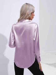 Collared Neck Buttoned Long Sleeve Shirt - Trendsi