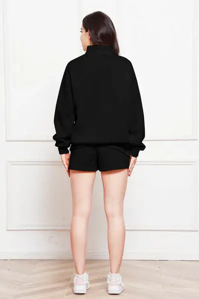 Half Zip Long Sleeve Sweatshirt and Drawstring Shorts Set - Trendsi - Flyclothing LLC