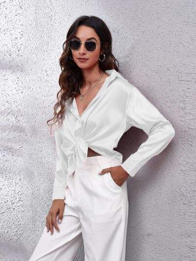 Button Up Collared Neck Long Sleeve Shirt - Trendsi - Flyclothing LLC