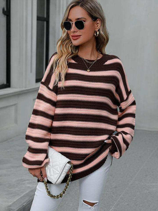 Striped Dropped Shoulder Sweater - Trendsi - Flyclothing LLC