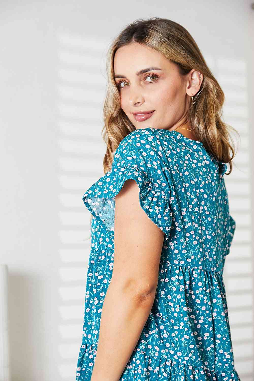Double Take Short Flounce Sleeve Tiered Dress - Trendsi - Flyclothing LLC