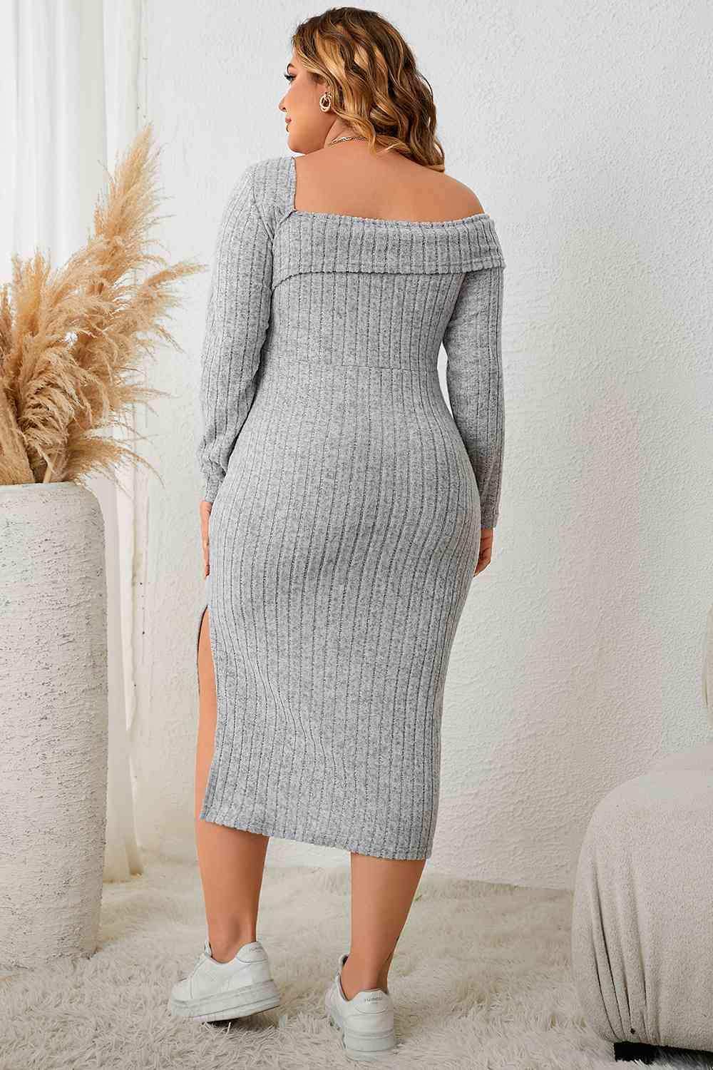 Plus Size Square Neck Long Sleeve Slit Dress - Trendsi - Flyclothing LLC