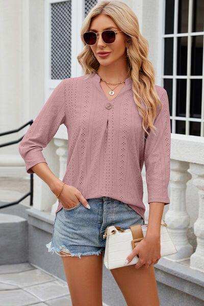 Eyelet Notched Knit Jacquard Top - Trendsi - Flyclothing LLC