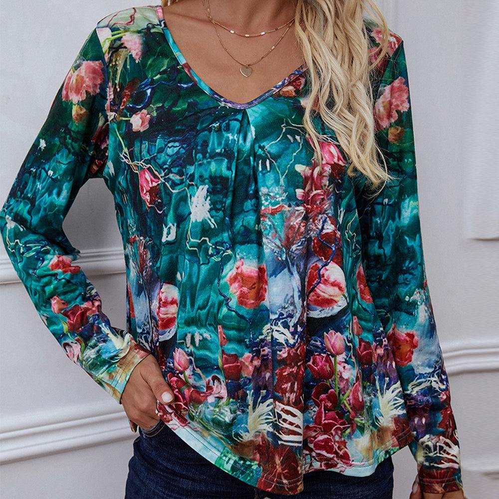 Printed V-Neck Long Sleeve Blouse - Trendsi