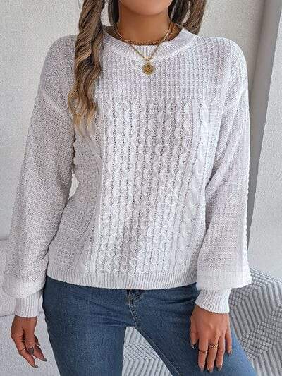 Cable-Knit Round Neck Long Sleeve Sweater - Trendsi - Flyclothing LLC