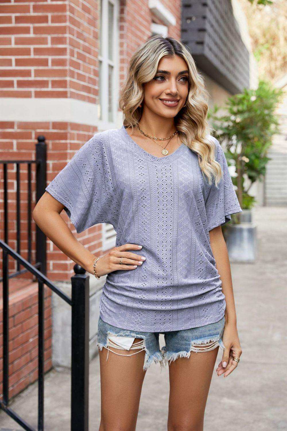 Flutter Sleeve Eyelet Gathered Detail Top - Trendsi - Flyclothing LLC