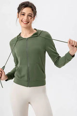 Drawstring Zip Up Hooded Active Outerwear - Trendsi - Flyclothing LLC