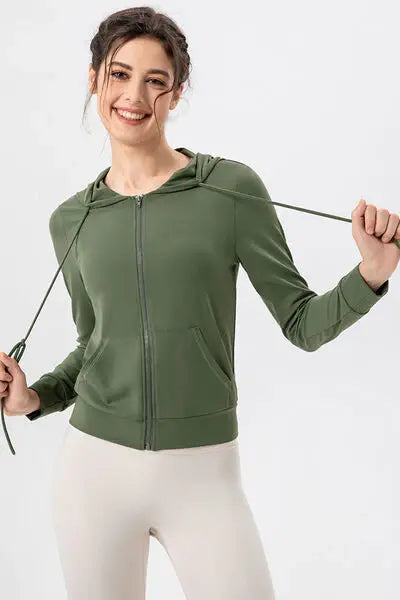 Drawstring Zip Up Hooded Active Outerwear - Trendsi - Flyclothing LLC