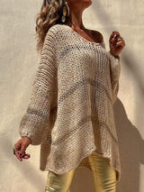 Openwork V-Neck Long Sleeve Sweater - Trendsi - Flyclothing LLC