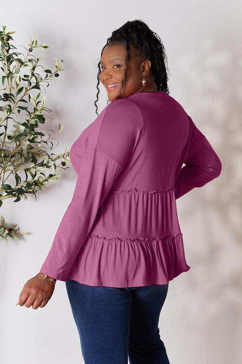 Double Take Half Button Long Sleeve Ruffle Hem Blouse - Trendsi - Flyclothing LLC