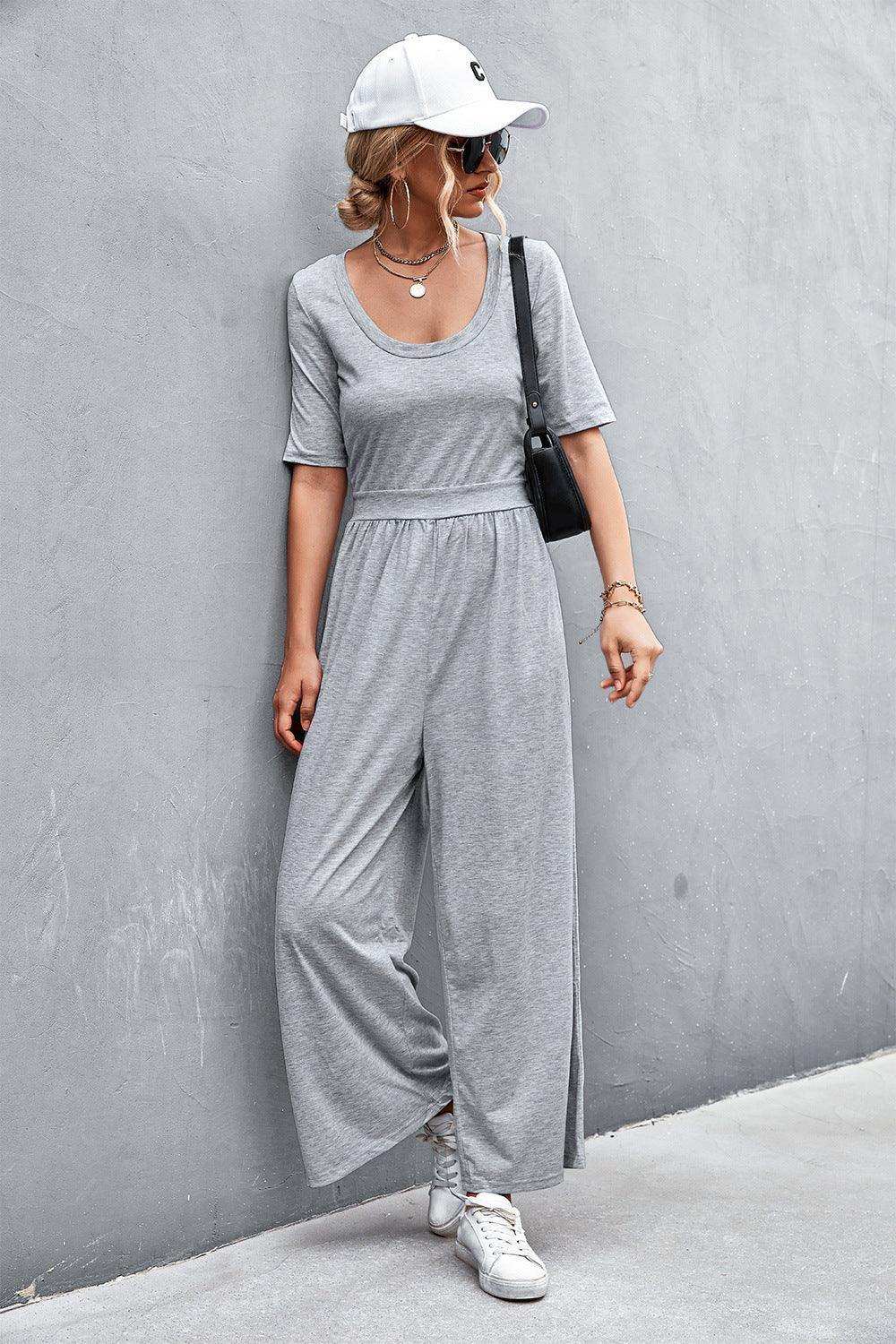 Scoop Neck Half Sleeve Wide Leg Jumpsuit - Trendsi - Flyclothing LLC