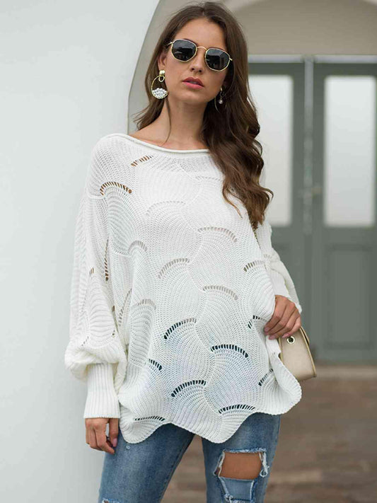 Full Size Boat Neck Lantern Sleeve Openwork Knit Top - Trendsi