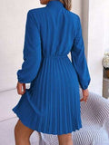 Tie Neck Balloon Sleeve Pleated Dress - Trendsi - Flyclothing LLC