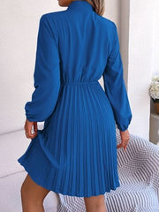 Tie Neck Balloon Sleeve Pleated Dress - Trendsi