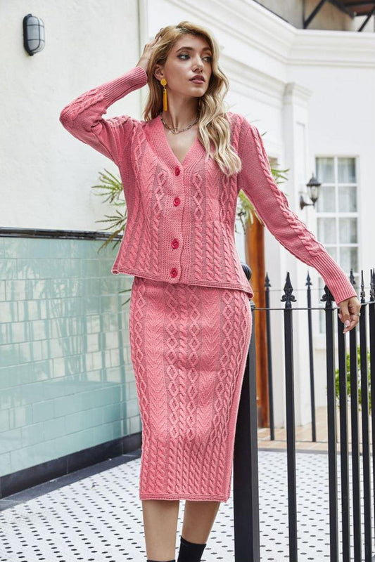 Mixed Knit V-Neck Cardigan and Knit Skirt Set - Flyclothing LLC