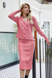 Mixed Knit V-Neck Cardigan and Knit Skirt Set - Trendsi