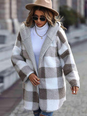 Plaid Open Front Hooded Coat - Trendsi