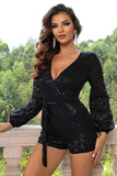 Sequin Tie Waist Long Sleeve Romper - Trendsi