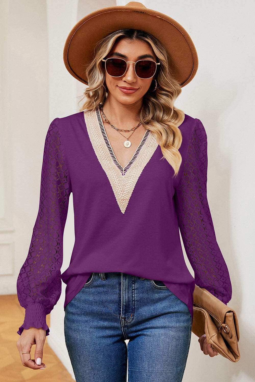 Openwork V-Neck Long Sleeve T-Shirt - Trendsi - Flyclothing LLC