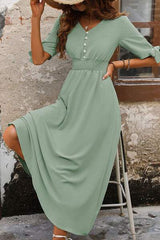 Smocked Quarter Button Short Sleeve Dress - Trendsi - Flyclothing LLC