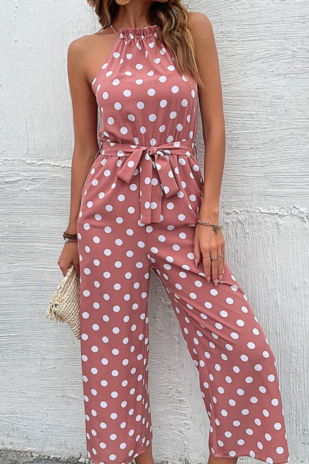 Polka Dot Grecian Wide Leg Jumpsuit - Trendsi