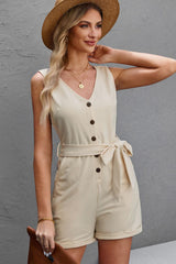 Button Front Belted Sleeveless Romper - Trendsi
