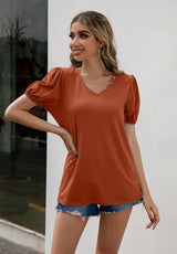 V-Neck Decorative Buttons Puff Sleeve Tee - Trendsi - Flyclothing LLC