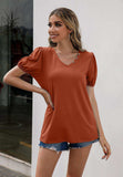 V-Neck Decorative Buttons Puff Sleeve Tee - Trendsi - Flyclothing LLC