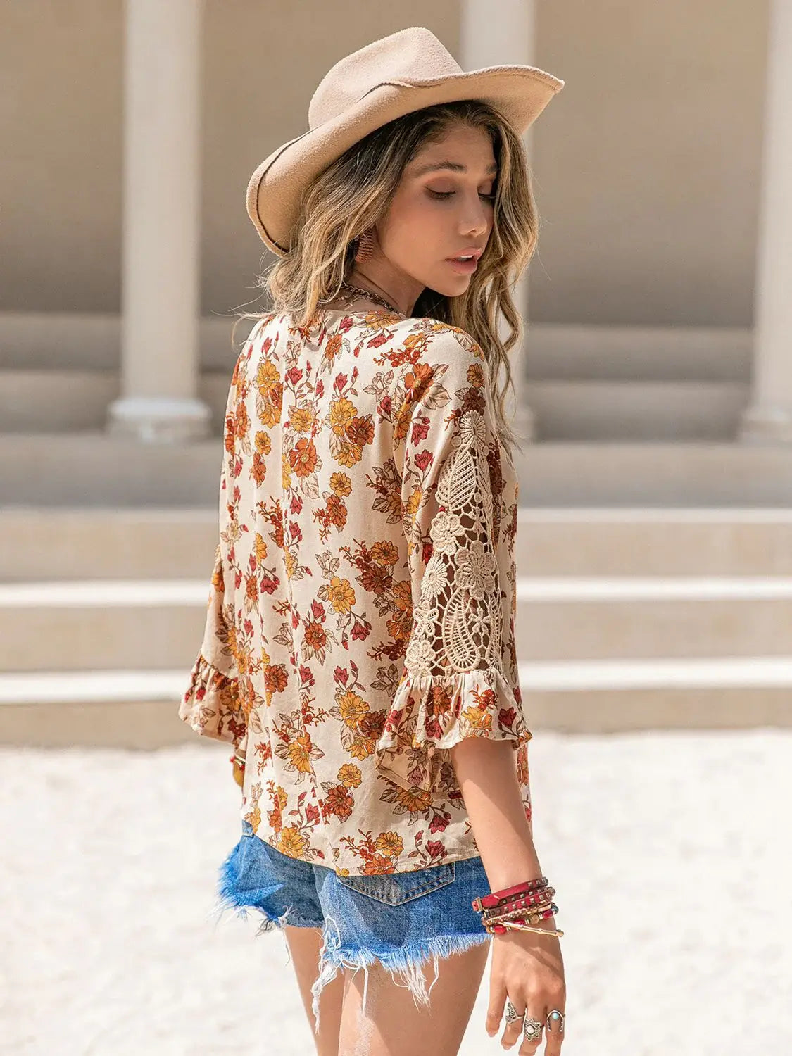 Floral V-Neck Spliced Lace Blouse - Trendsi - Flyclothing LLC