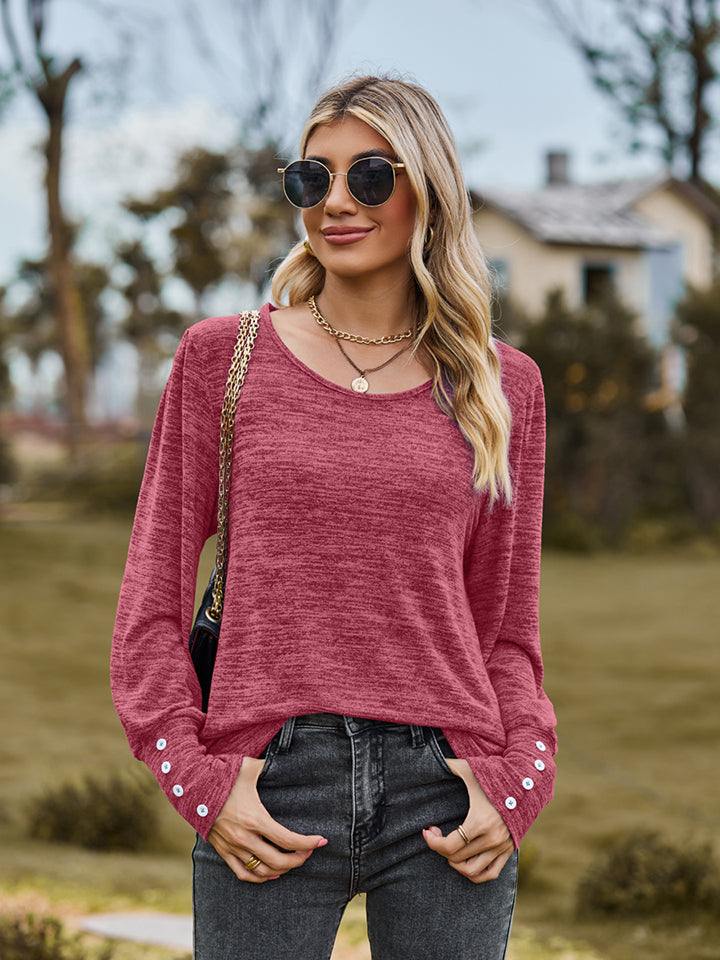 Round Neck Long Sleeve Buttoned T-Shirt - Trendsi