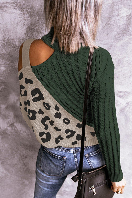 Leopard  Block Turtleneck Sweater - Trendsi