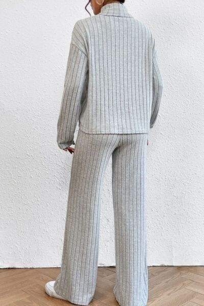Mock Neck Dropped Shoulder Top and Pants Set - Trendsi - Flyclothing LLC