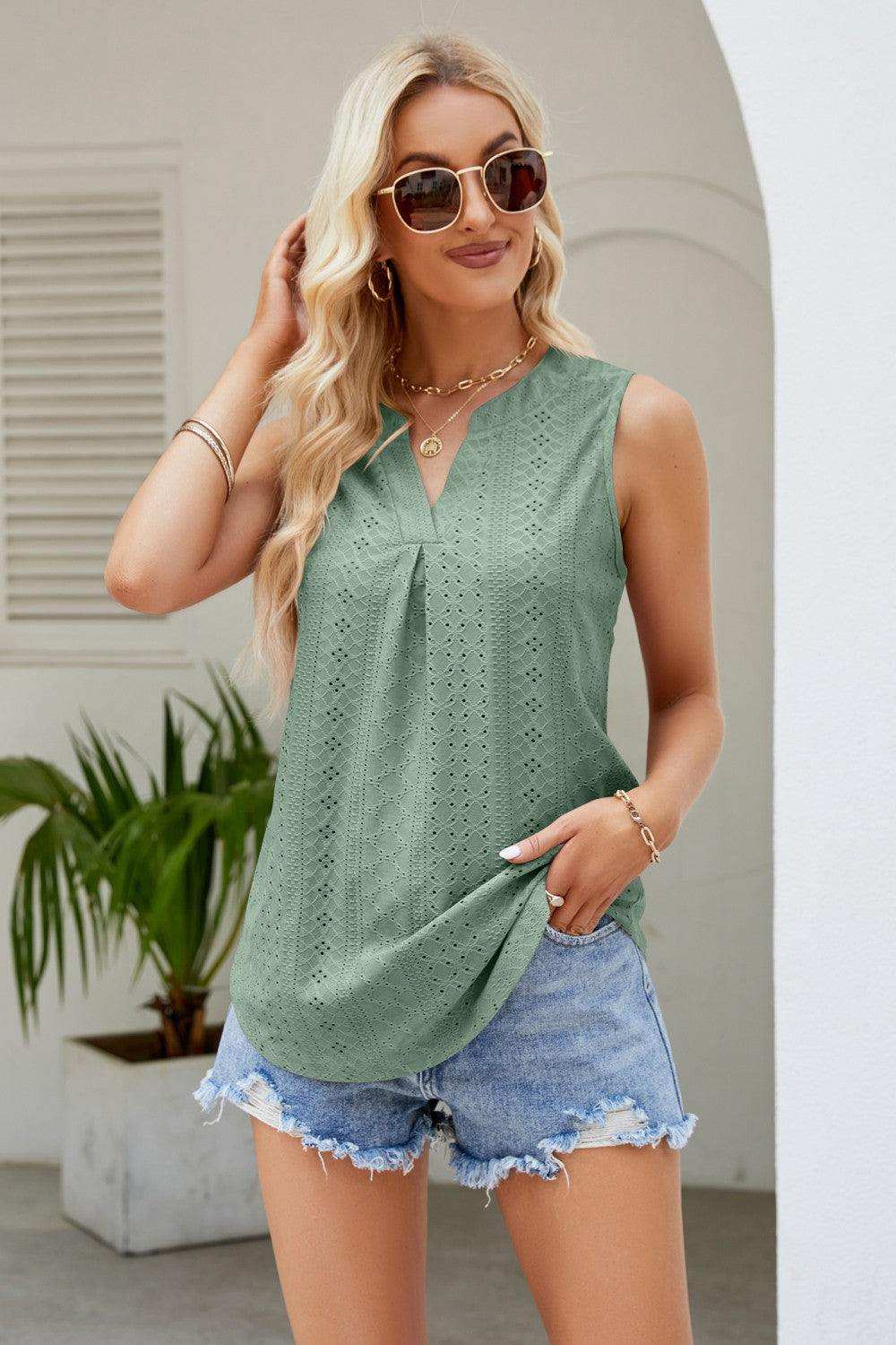 Notched Neck Curved Hem Eyelet Tank - Trendsi - Flyclothing LLC