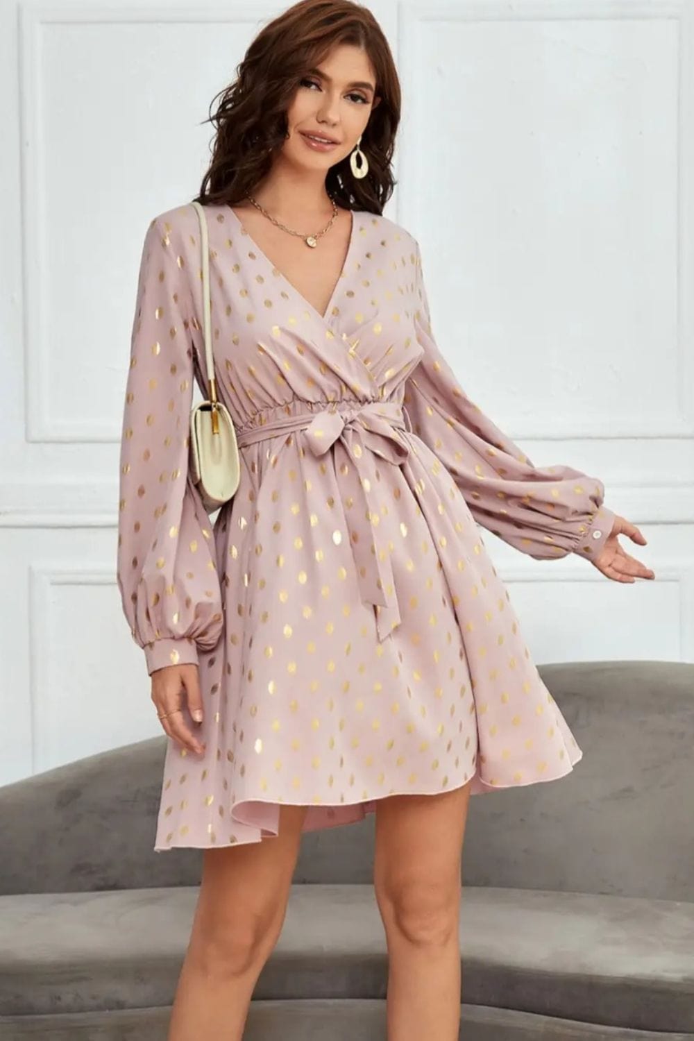 Tied Printed Surplice Long Sleeve Dress - Trendsi
