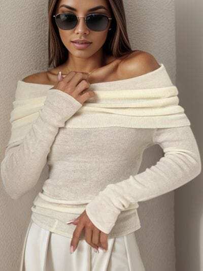 Off-Shoulder Long Sleeve Sweater - Trendsi - Flyclothing LLC