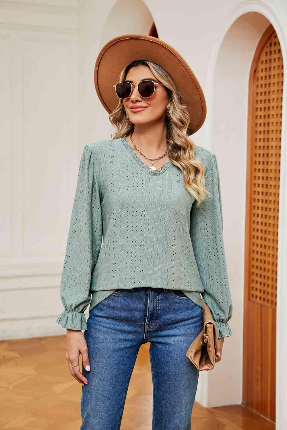 V-Neck Flounce Sleeve Blouse - Trendsi - Flyclothing LLC