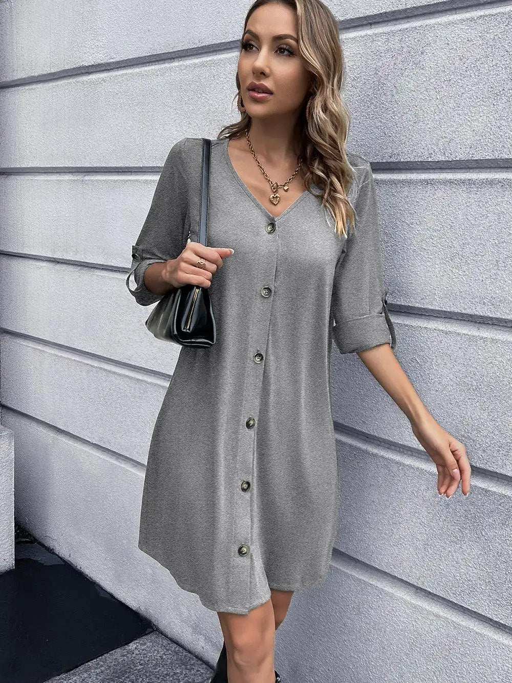 Button Down V-Neck Mini Dress - Trendsi - Flyclothing LLC