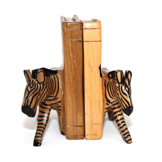 Carved Wood Zebra Book Ends, Set of 2 - Jedando