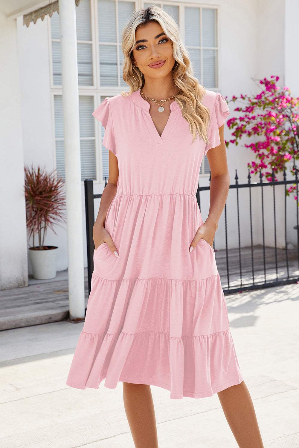 Ruched Notched Cap Sleeve Dress - Trendsi - Flyclothing LLC